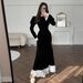Winter Elegant Lace Trim Dress – Slimming High Waist A-Line Maxi Dress, Long Sleeve Polyester Blend Dress (Black, Red, Coffee)_ecoleips.com