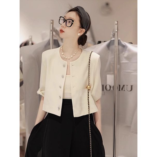 Xiaoxiangfeng Round Neck Five Quarter Sleeve Fashionable Short Jacket For Women's Spring New 2025 Light Luxury High-End_ecoleips.com