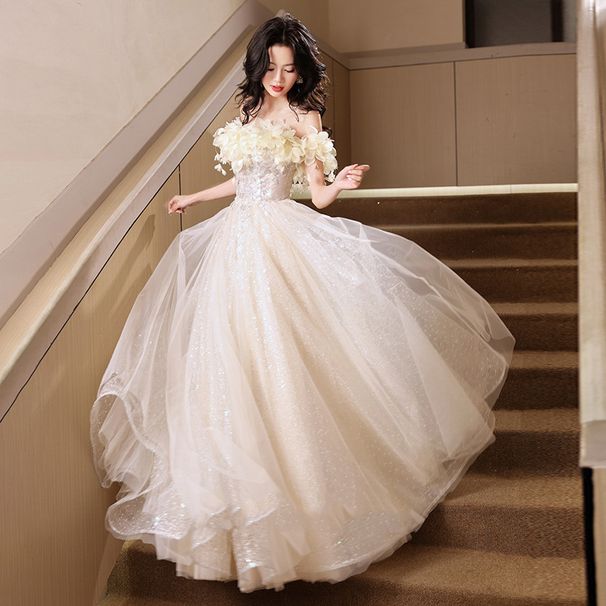 Women's Clothing One Shoulder Banquet Evening Dress Champagne Color High End Luxury Niche Adult Ceremony Graduation Host Dress_ecoleips.com