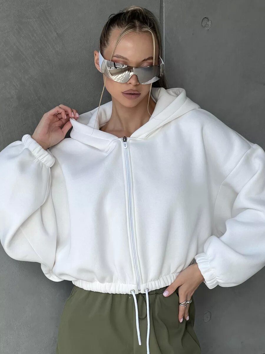 Women's Casual Loose Fit Hoodie Zipper Long Sleeve Sweatshirt Short Waist Street Style Spring Polyester Track Jacket_ecoleips.com