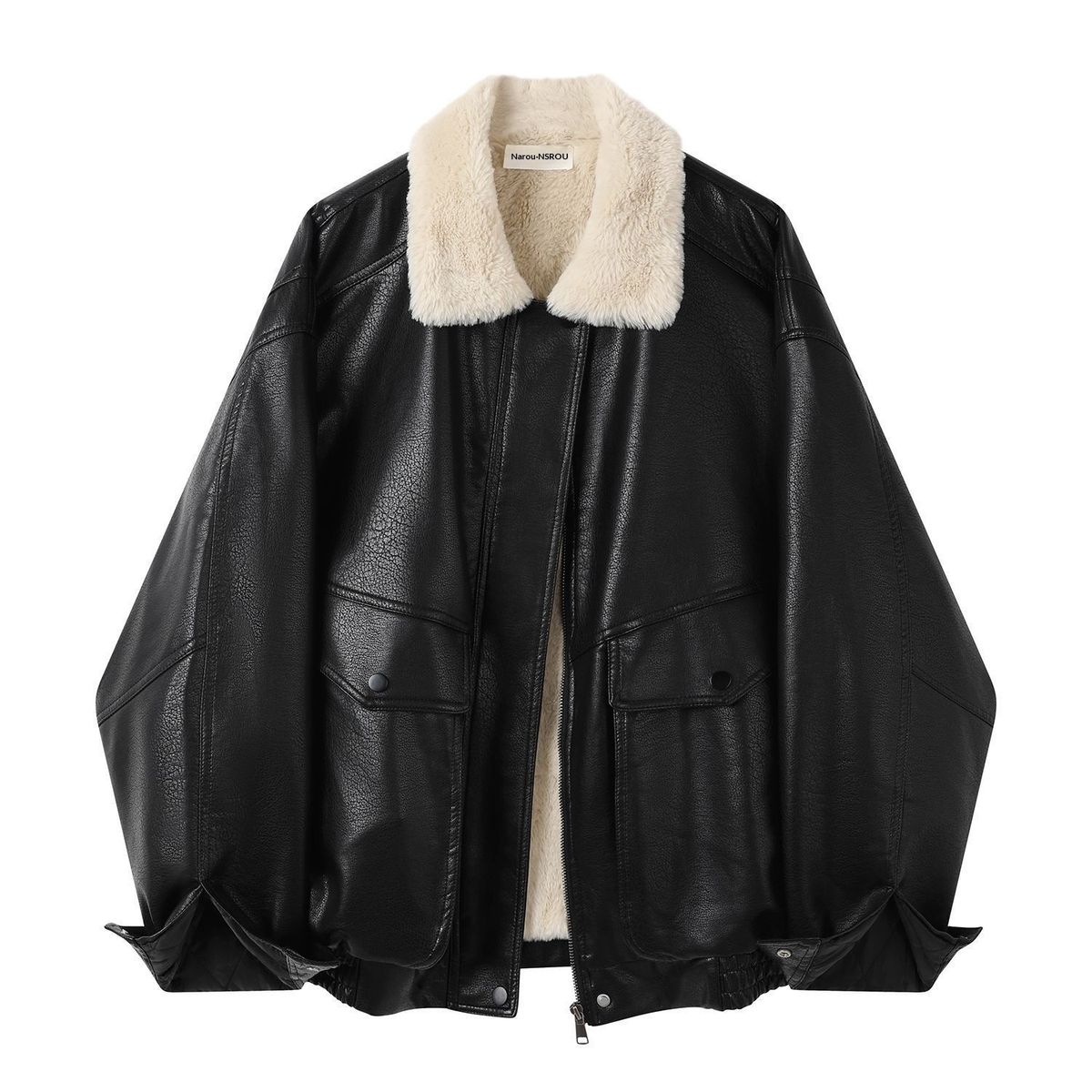 Aria Basics Fleece-Lined For Women, High-End Feel, Petite Size, 2025 New Winter Loose Short PU Leather Jacket_ecoleips.com