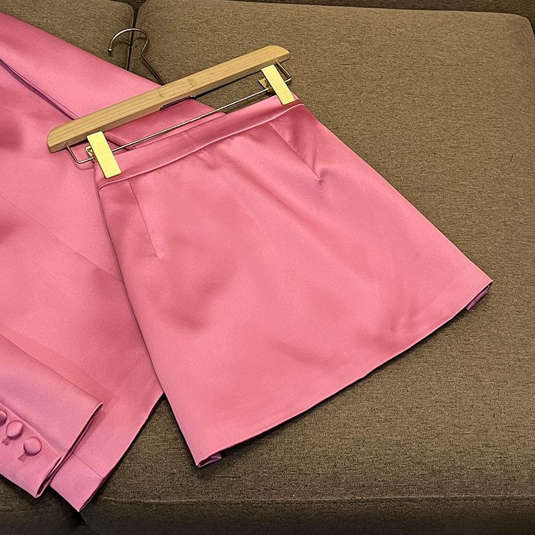 Women's Pink Satin Slim Fit Blazer Pencil Skirt Two Piece Set European American Style Party Outfit Fashion Commuting_ecoleips.com