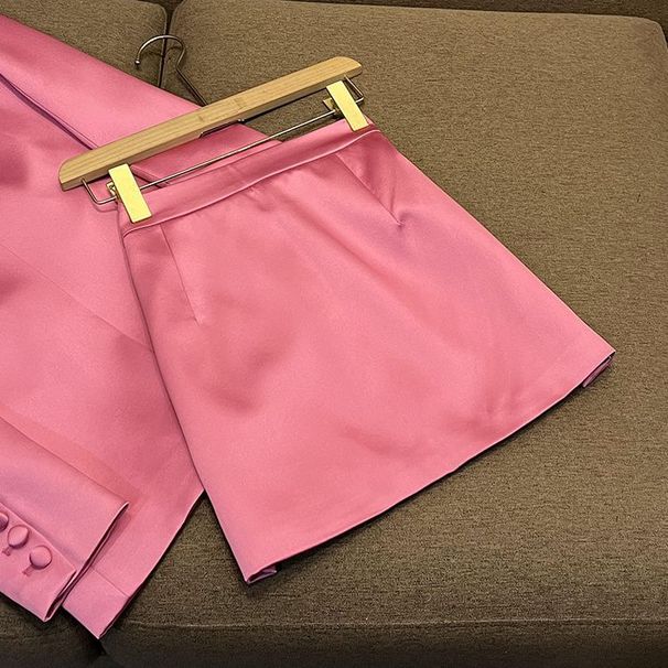 Women's Pink Satin Slim Fit Blazer Pencil Skirt Two Piece Set European American Style Party Outfit Fashion Commuting_ecoleips.com