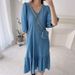 Korean Chic Summer Retro V Neck Faux Denim Dress For Women Casual Loose Fit With Ruffle Short Sleeves_ecoleips.com