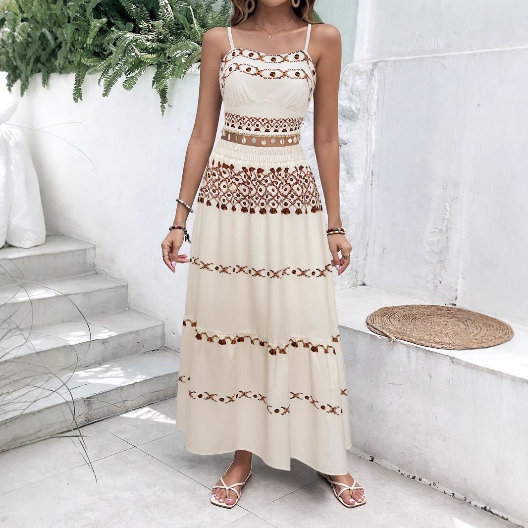 Bohemian Beach Cover-Up Set – Fringe Trim Halter Top & Maxi Skirt (White) |Polyester, Lightweight, Flowy Ethnic Print For Vacations & Festivals_ecoleips.com
