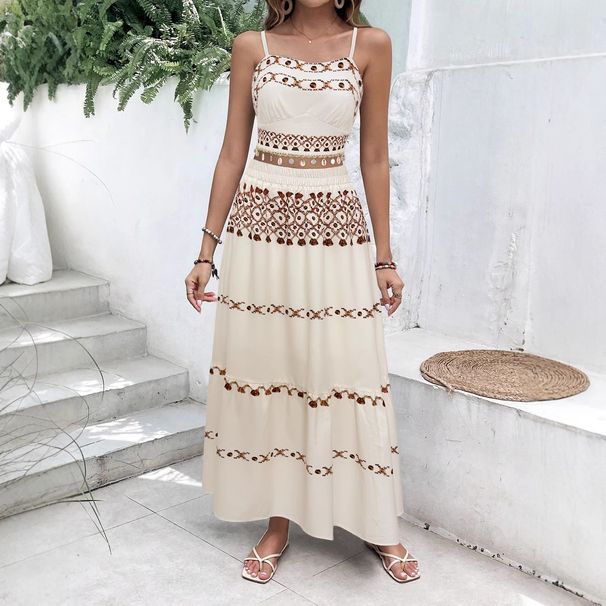 Bohemian Beach Cover-Up Set – Fringe Trim Halter Top & Maxi Skirt (White) |Polyester, Lightweight, Flowy Ethnic Print For Vacations & Festivals_ecoleips.com