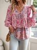 Women's Bohemian Resort Style Blouse V Neck Tie Waist Long Sleeve Printed Shirt European American Foreign Trade Fashion_ecoleips.com