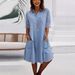 Women's Clothing Mesh Splicing Solid Color Denim Short Sleeved Dress Long Skirt_ecoleips.com