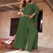K Solid Color Casual Pants Loose Round Neck Off Shoulder Top Women's Set. No Necklaces Or Other Accessories_ecoleips.com