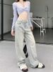 American-style Washed Denim Jeans For Women, Yellow Mud-dyed Straight-leg Pants, Trendy High Street Distressed Casual_ecoleips.com