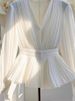 Early Autumn New Style Elegant V-neck Long-sleeve Top, Mature French Niche Unique Beautiful Blouse, Light Luxury White_ecoleips.com