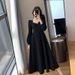 Little Black Dress Women's Spring And Autumn New Retro V-neck Long Over The Knee Black Temperament Dress Long_ecoleips.com