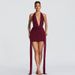 Spring/Summer Women's Sexy Deep V Neck Halter Neck Dress American Style With Water Drop Decoration Exposed Backpack_ecoleips.com