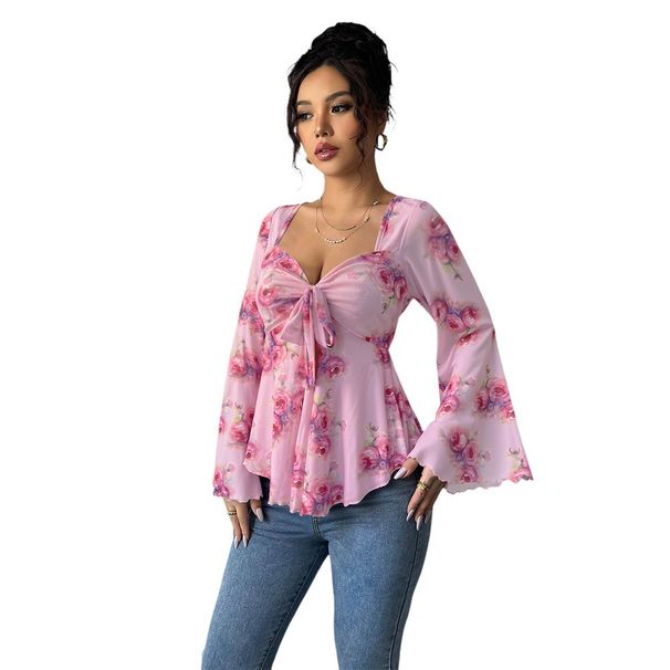 Voya Women's Spring And Summer New Style Pink Floral Bow Tie Tied Trumpet Sleeves Slim Fit Short Chiffon Top_ecoleips.com