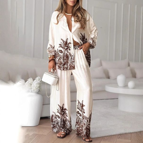 Women's Printed Long Sleeve Blouse & Wide Leg Pants Set – Stylish Two-Piece Outfit For Casual & Streetwear (S/M/L/XL)_ecoleips.com