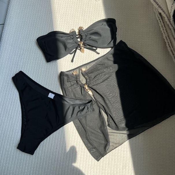 Women's Clothing Sexy Solid Color Top Three Piece Mesh Swimsuit Bikini_ecoleips.com