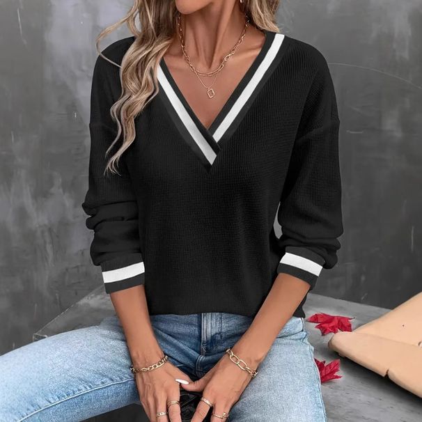 Women's Autumn/Winter Solid-Color T-Shirt With V-Neck, Loose Fit And Long Sleeves_ecoleips.com