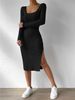K New European And American Square Neck Long Sleeved Hem Slit Dress For Women_ecoleips.com