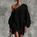 Women's Clothing Summer Lace Trim Off-Shoulder Long Sleeve Casual Top Solid Color_ecoleips.com