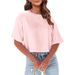 Europan And Amrican Cross-Bordr Womn's Loos Round Nck Crop Top Casual Summr Solid Color Basic T-Shirt Short_ecoleips.com