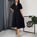Elegant V-Neck A-Line Midi Dress With Side Slit & Elastic Waist For Women, Chic Solid Color Casual & Office Wear_ecoleips.com