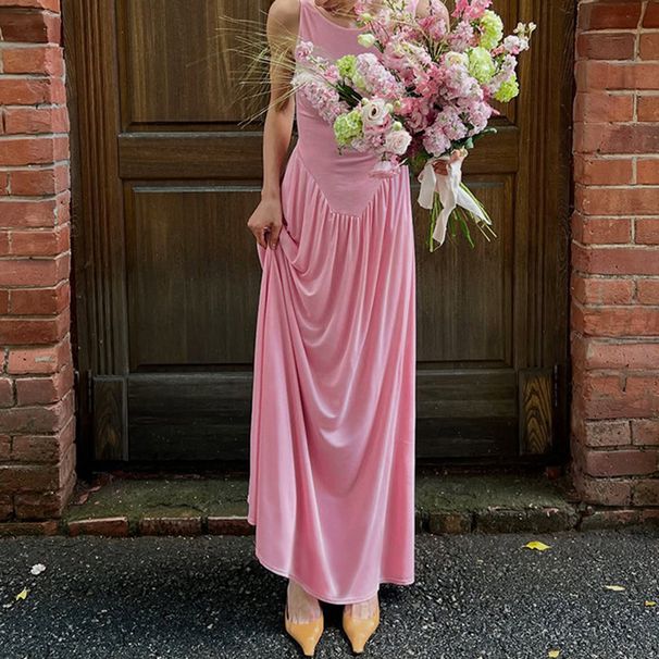 Elegant Women's Sleeveless Round Neck Dress Solid Color Backless Full Skirt Wholesale New Style F_ecoleips.com