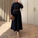 Women's Long Sleeve A-Line Dress - Stretchy Polyester High Waist Maxi Dress With Scarf Collar (XS-XXXL, Black & Coffee)_ecoleips.com