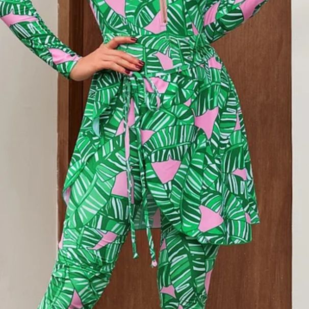 Women’s Clothing Swimsuit New Long Sleeved Zipper Green Printed Surf Suit Female Hot Style_ecoleips.com