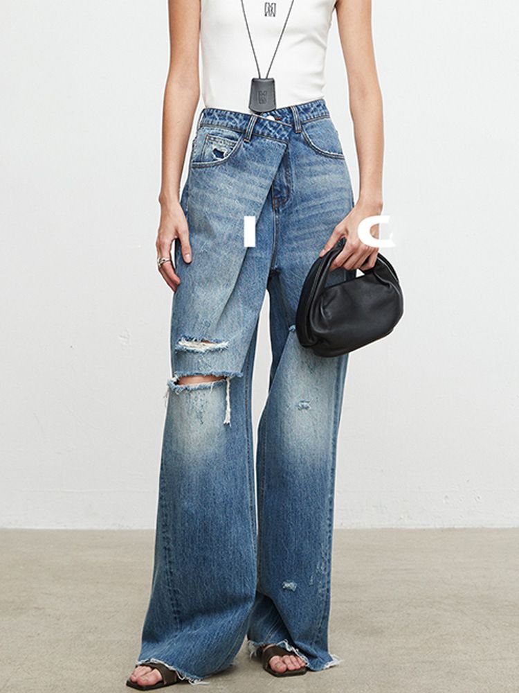 Women's Clothing Minimalist, Cool And Fashionable Style, Turkish Imported Ripped Irregular Folded Placket, Lazy Jeans For Women_ecoleips.com