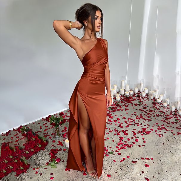 Women's Clothing Summer New Design Temperament Sexy Slim Shoulder Slit Satin Dress_ecoleips.com