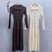 Elegant Polo Collar Knit Dress For Women - Long Sleeve A-Line Modal Blend Dress With Button Front, High Waist, And Flowy Fit - Perfect For Casual_ecoleips.com