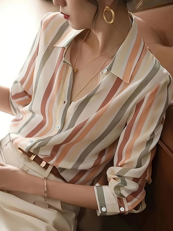 Cross-Border Foreign Trade Color-Block Elegant Striped Shirt For Women 2024 Spring Summer New Niche Retro Turn-Down_ecoleips.com