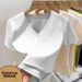 Women's Style Ribbed V Neck T Shirt Short Sleeved Summer Wear Slim Fit Fashionable Alluring Revealing Collarbone Trendy New Style_ecoleips.com