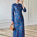 Muslim Dress Women Elegant Blue Floral Print A-Line Dress – Slim Fit Princess Style Long Dress With Round Neck & Waist Definition_ecoleips.com