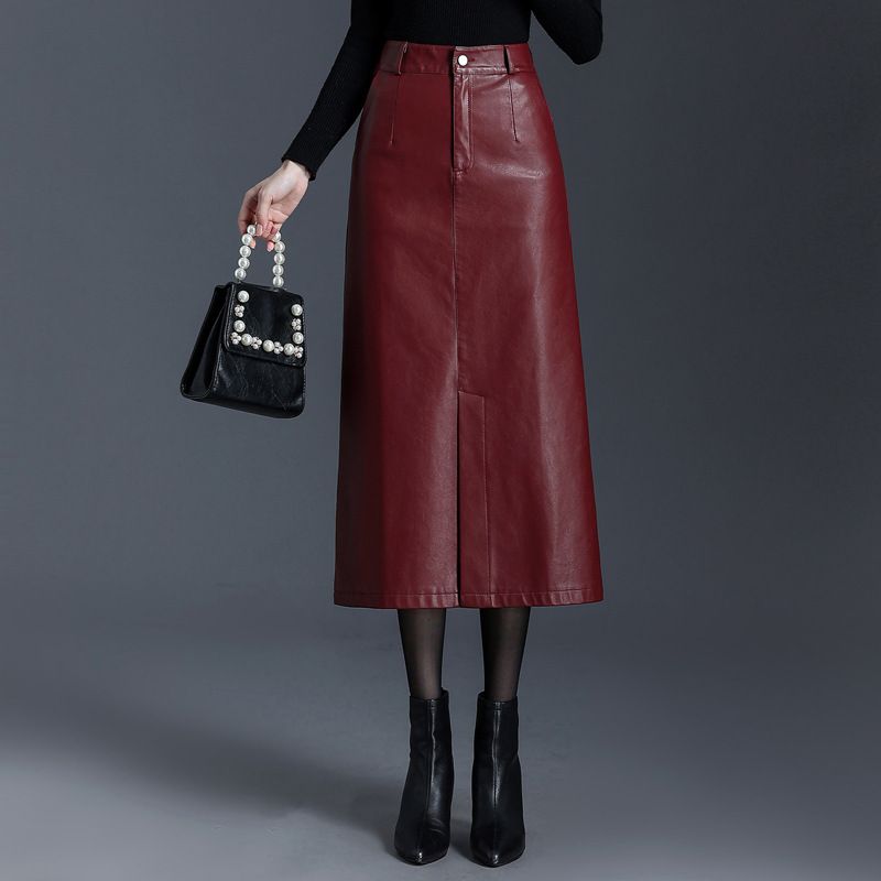 Verve PU Leather Black Midi Autumn Winter Women's New Split Straight Bodycon A-line Long Pencil Skirt_ecoleips.com