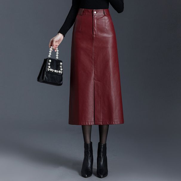 Verve PU Leather Black Midi Autumn Winter Women's New Split Straight Bodycon A-line Long Pencil Skirt_ecoleips.com