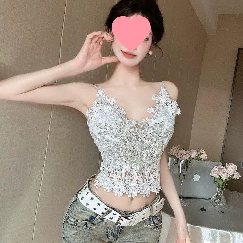 ng2510292 2025 Summer French Sweet And Spicy Lace Camisole Vest With Chest Pads Versatile Top For Women_ecoleips.com