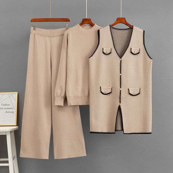 Women's Three Piece Set Casual Fashion Autumn Winter Loose Knitted Top Long Vest Wide Leg Athletic Pants_ecoleips.com