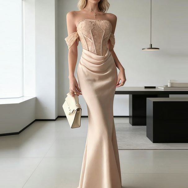 Sexy Embroidery Patchwork Birthday Party Dress Women Fashion Draped Satin Long Dress Elegant Strapless Waist Slim Fishtail Dress_ecoleips.com