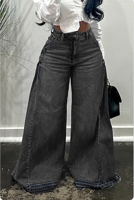 2025 New Spring Retro European And American Style Wide Leg Jeans Stitching Floor Length Flared Pants Tassels_ecoleips.com