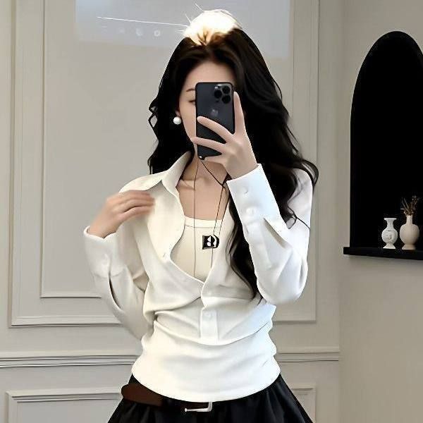 2026 Spring/Summer New White Slim-Fit Waist-Cinching Collared Long-Sleeve Shirt For Women With High-Waisted Versatile_ecoleips.com