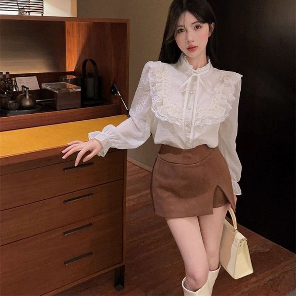 French-style Vintage High-end Ruffle Blouse For Women, Long-sleeved, Korean-style, Stylish, Age-reducing, Elegant Top_ecoleips.com