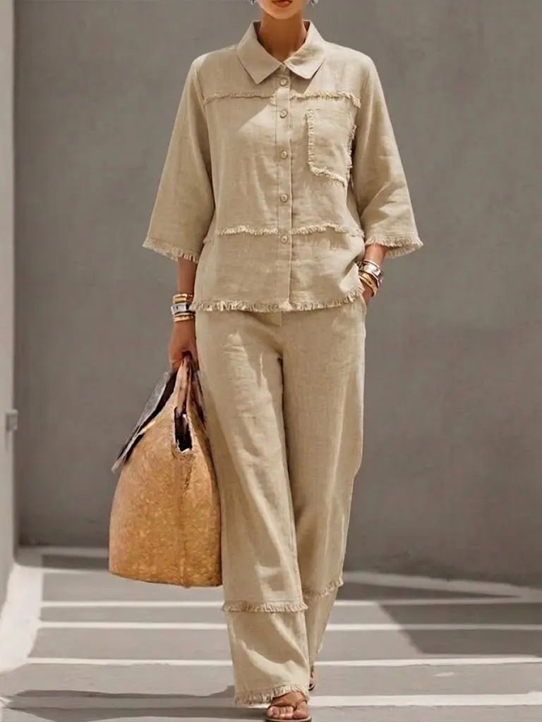 Fashionable Casual Cotton Linen Shirt Lapel Frayed Edge Women's Two Piece Set Style New_ecoleips.com