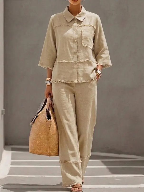 Fashionable Casual Cotton Linen Shirt Lapel Frayed Edge Women's Two Piece Set Style New_ecoleips.com