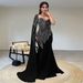 Women's Black Fishtail Evening Dress With Long Sleeves & Shawl - Elegant Diamond-Embellished Formal Gown_ecoleips.com