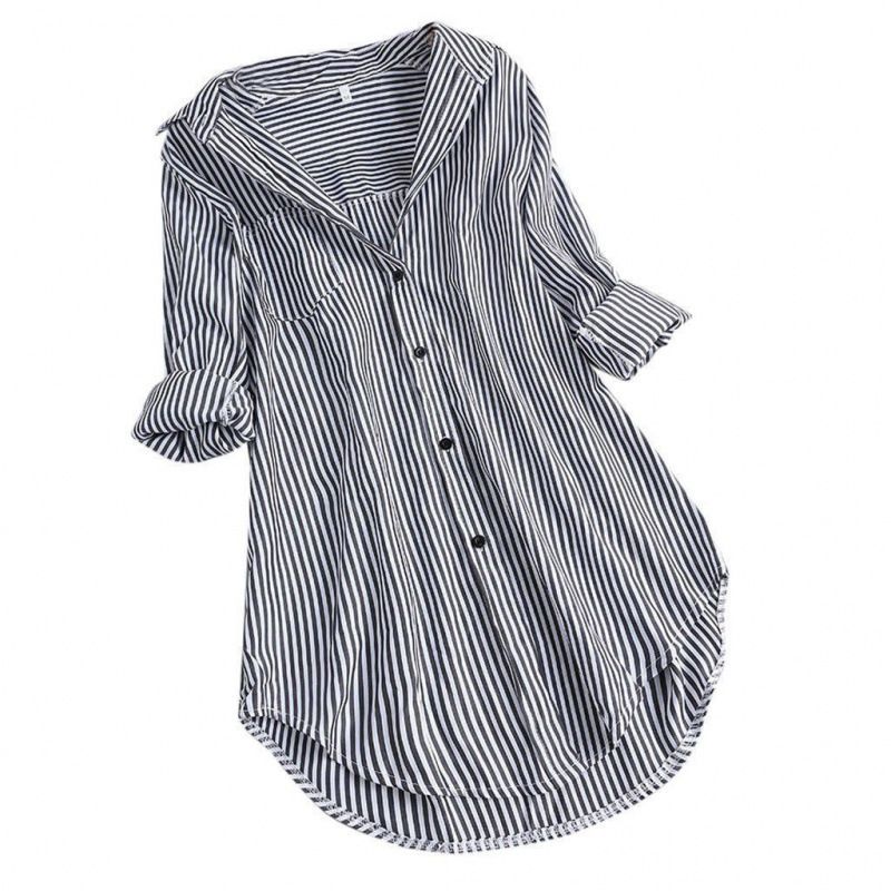 Women's Long-Sleeved Shirt With Distinctive Stripes, Spring/Summer Style, Loose-Fitting Collar_ecoleips.com