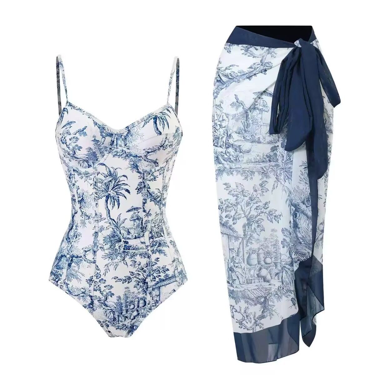 Women's Conservative One Piece Swimsuit Slimming Retro Print Underwire Hard Pouch Chiffon Long Dress_ecoleips.com