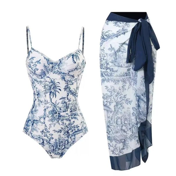 Women's Conservative One Piece Swimsuit Slimming Retro Print Underwire Hard Pouch Chiffon Long Dress_ecoleips.com