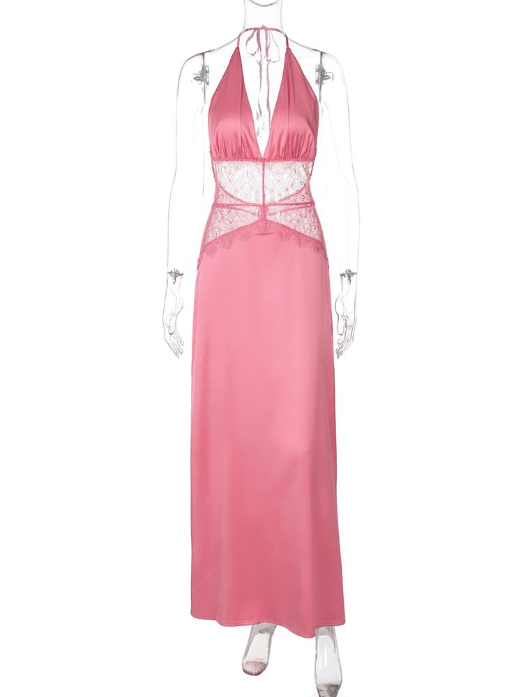 TARUXY Lace Splice Halter Long Dress For Women Deep V Neck Backless Beach Vacation Dress Female High Waist Fashion Slim Dress_ecoleips.com