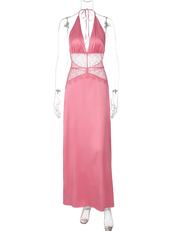 TARUXY Lace Splice Halter Long Dress For Women Deep V Neck Backless Beach Vacation Dress Female High Waist Fashion Slim Dress_ecoleips.com